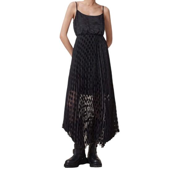 AllSaints Leia Dott Pleated Midi sleeveless  Dress black size Small S - Picture 1 of 7